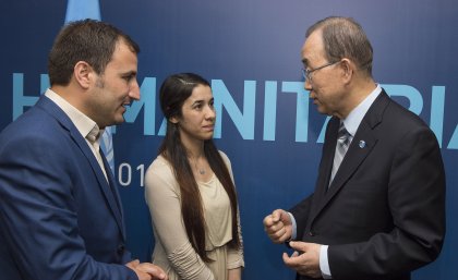 Image: Nadia Murad and Yazda deputy executive director Ahmed Khudida Burjus (left), met UN  Secretary General Ban Ki-moon in December 2015  after Ms Murad spoke at the UN Security Council’s first-ever session on human trafficking in armed conflict.